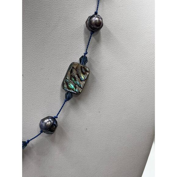 Peacock Keshi Abalone Mother of Pearl Blue Pearl Sterling Toggle Necklace - Picture 9 of 9